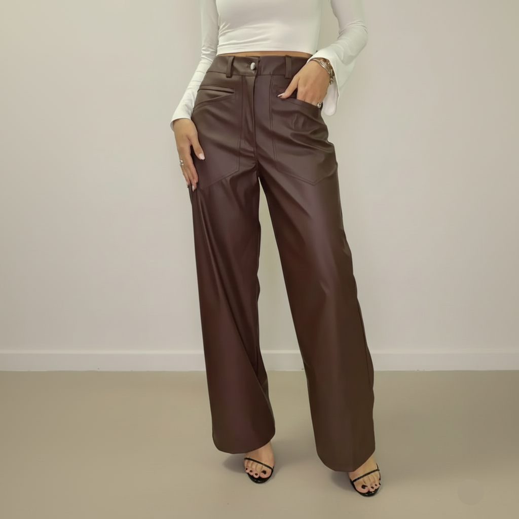 Brown wide-leg pants worn by a person on a plain background