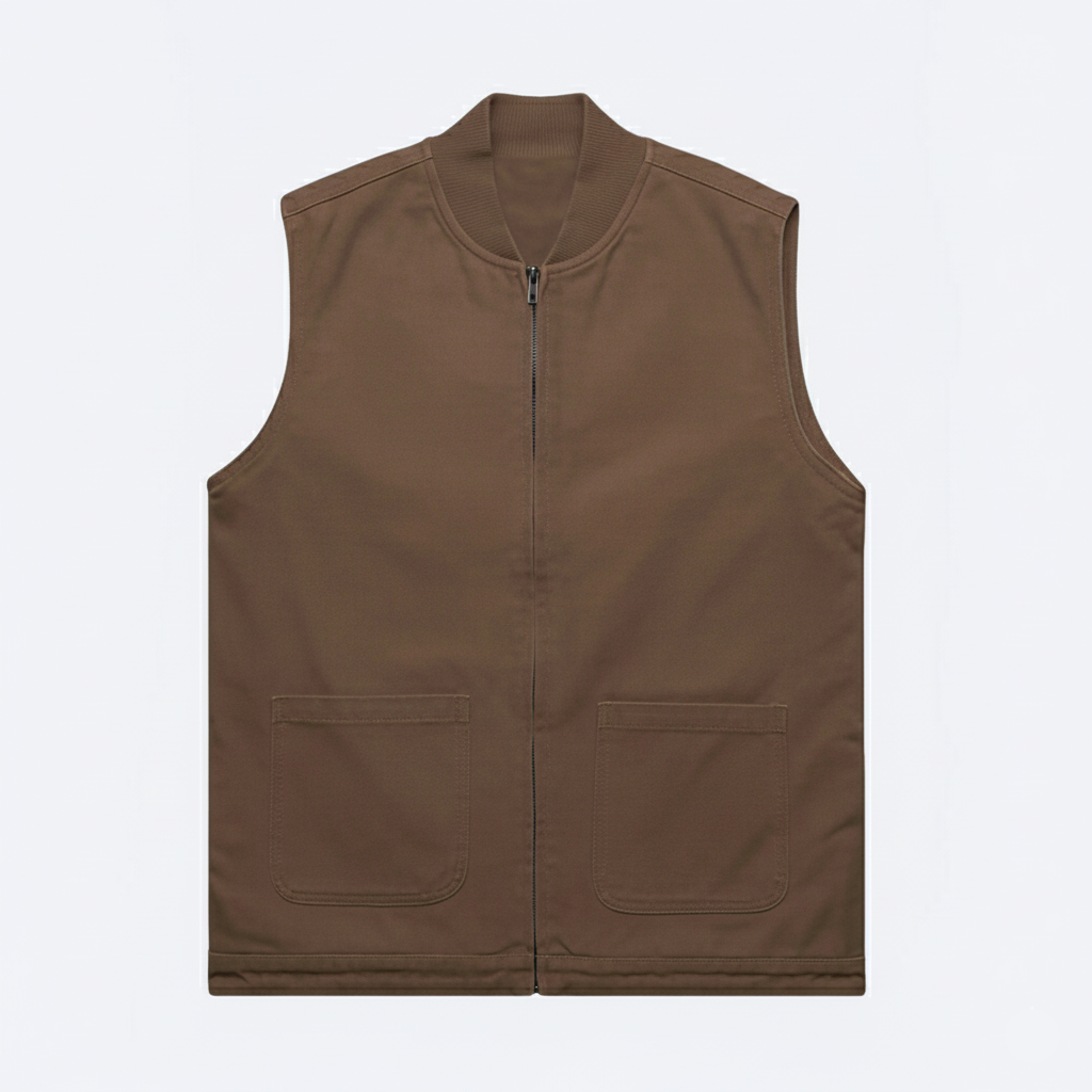 Brown vest with a zipper on a light gray background