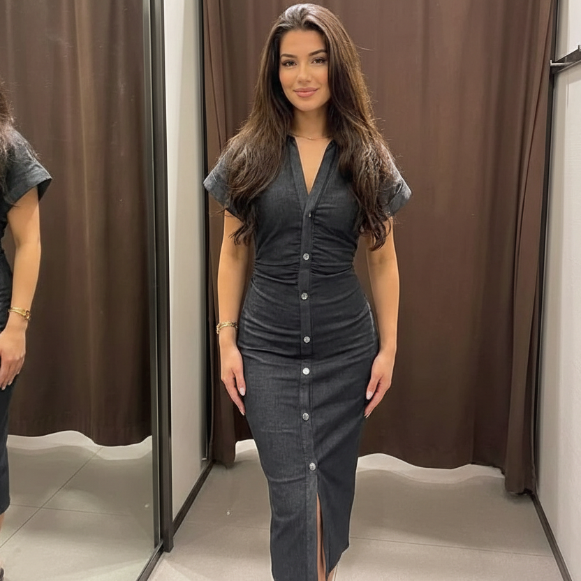 Woman trying on a dark gray dress in a fitting room.